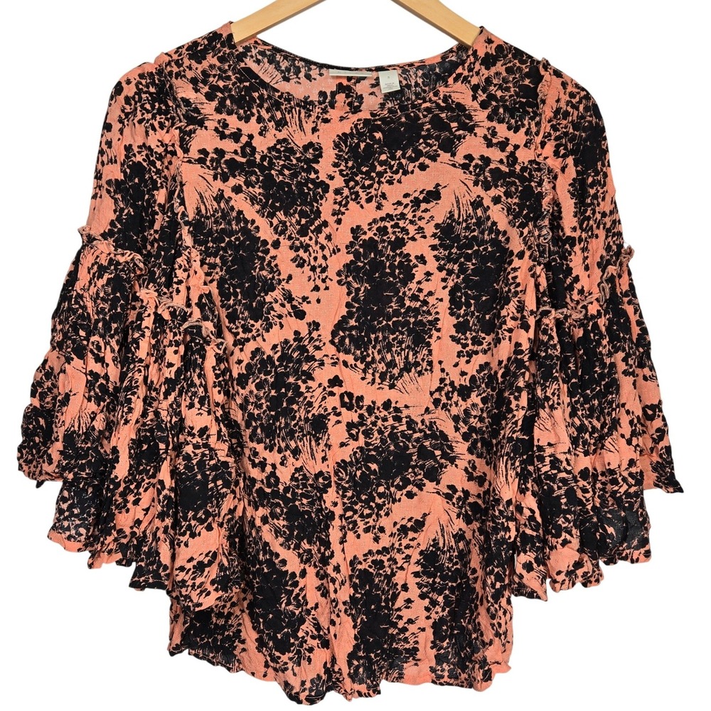 Hinge Coral Black Floral Print Bell Sleeve Blouse Top Womens Size S